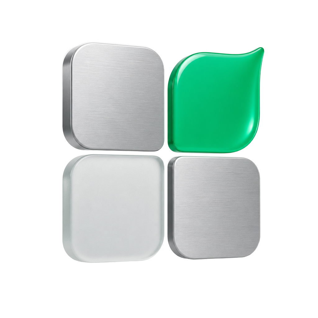 Four tiles arranged as one mark: three brushed metal, one a green leaf — a single index composed of separate equities.